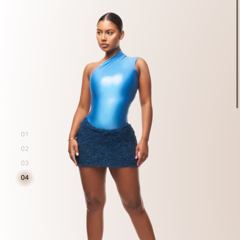 One-Shoulder Metallic Blue Bodysuit with Navy Textured Mini Skirt